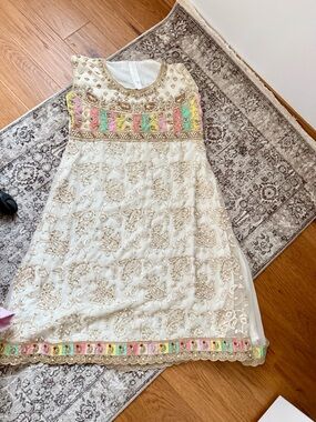 Girls White Embroidered Festive Dress with Pastel Accents